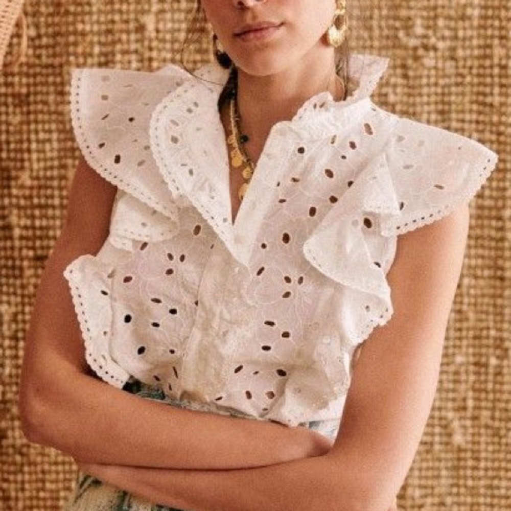 Sézane White Chiara Eyelet Ruffled Cotton Blouse Tank